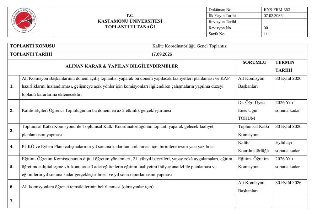 Kalite Koordinatörlüğü Dönem Başı Genel Toplantısı Gerçekleştirildi